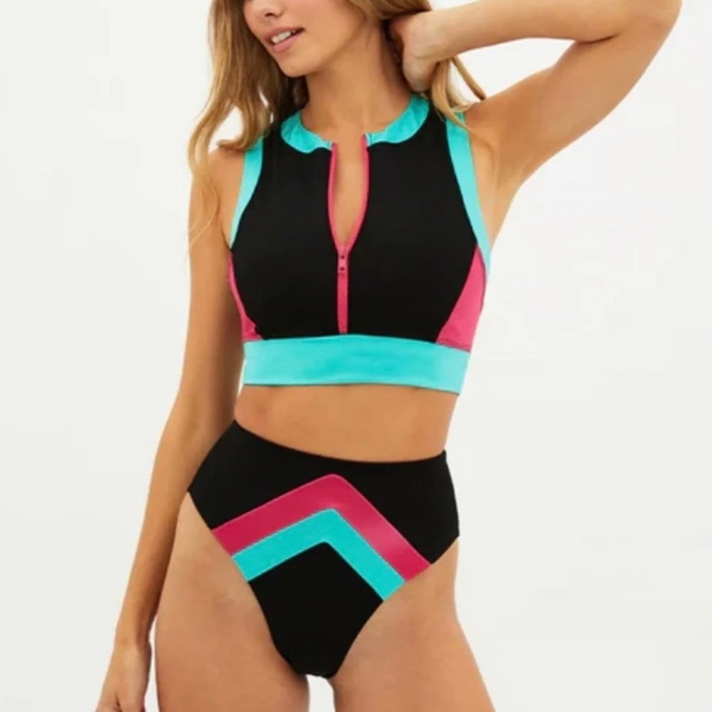 Beach Riot Scuba Tidal Colorblock Bikini Zip Top High Waist Bottom Chevron NWT M